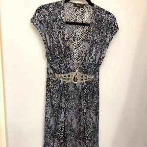 Vintage SKY Dress SEXY neckline Snake print Silk AMAZING Waistband. Blue/black